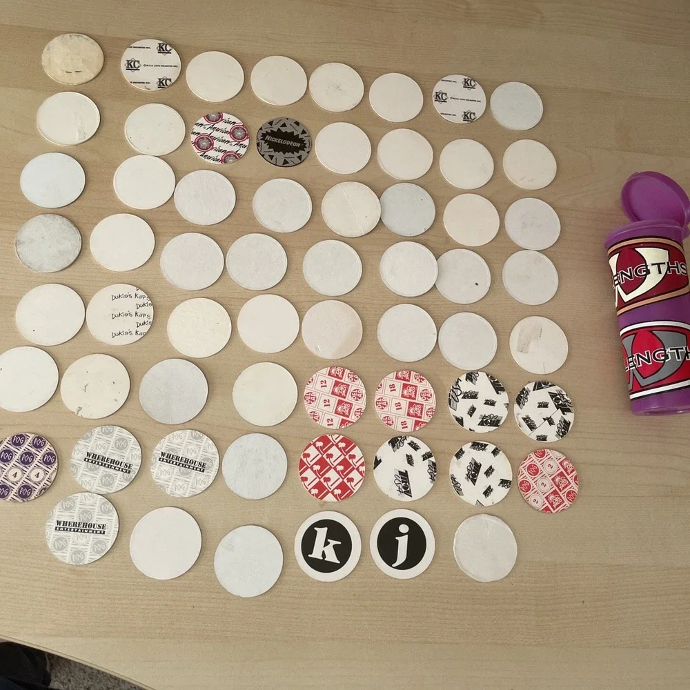 Random Mixed LOT Of 62 POGS‎ MILK CAPS + tube 90s Skull 8 Ball REN & Stimpy Art